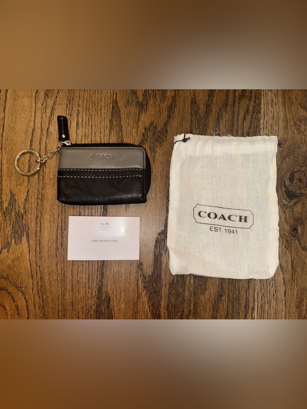 Coach Two-Tone Leather Zip Key Coin Pouch in Black and Gray